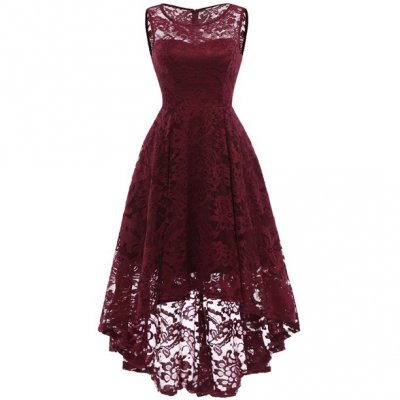 Transparent Scoop Neck High Low Full Lace Wine Red Cocktail Dress For Dancing